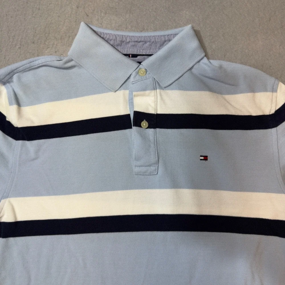Tommy Hilfiger Mens Classic Fit Striped Polo Shirt Light Blue Navy White Size M